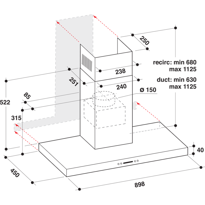 Whirlpool-Hotte-Encastrable-WHBS-93-F-LE-X-Inox-Mural-Electronique-Technical-drawing