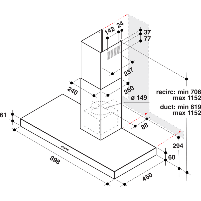 Whirlpool Hotte Encastrable WHBS 94 F LM X Inox Mural Mécanique Technical drawing