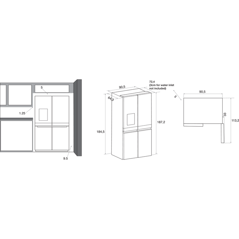 Whirlpool Américain Pose-libre WQ9I MO1L Inox Technical drawing