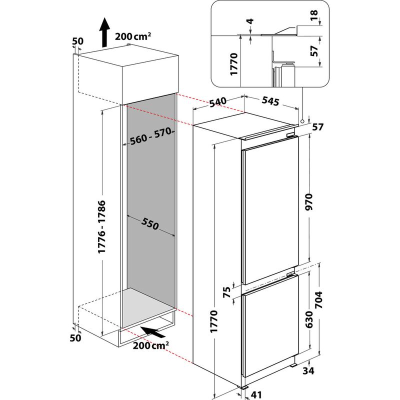 Whirlpool Combiné réfrigérateur congélateur Encastrable WHC18 T323 P Blanc 2 portes Technical drawing