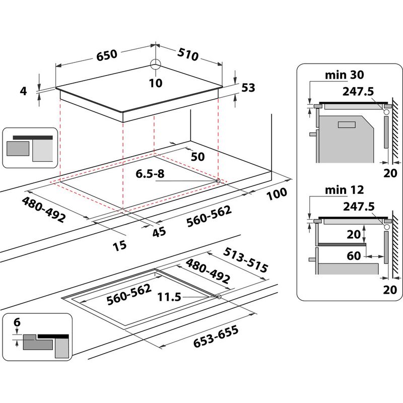 Whirlpool Table de cuisson SMP 658C/NE/IXL Noir Induction vitroceramic Technical drawing