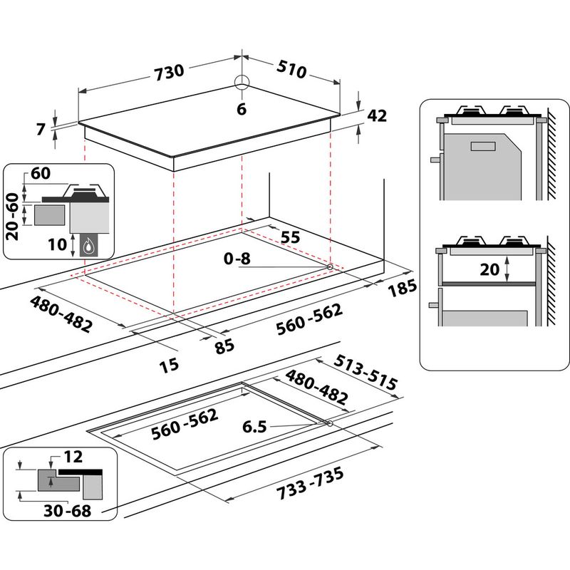 Whirlpool Table de cuisson GOWL 758/NB FR Noir Gaz Technical drawing
