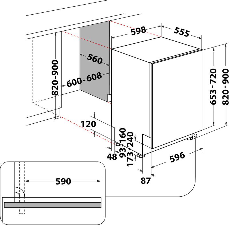 Whirlpool Lave-vaisselle Encastrable WKCIO 3T133 PFE Tout intégrable D Technical drawing