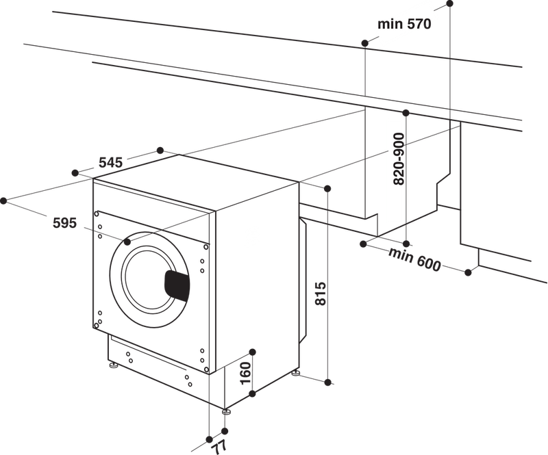 Whirlpool Lave-linge Encastrable BIWMWG71483FR N Blanc Lave-linge frontal D Technical drawing