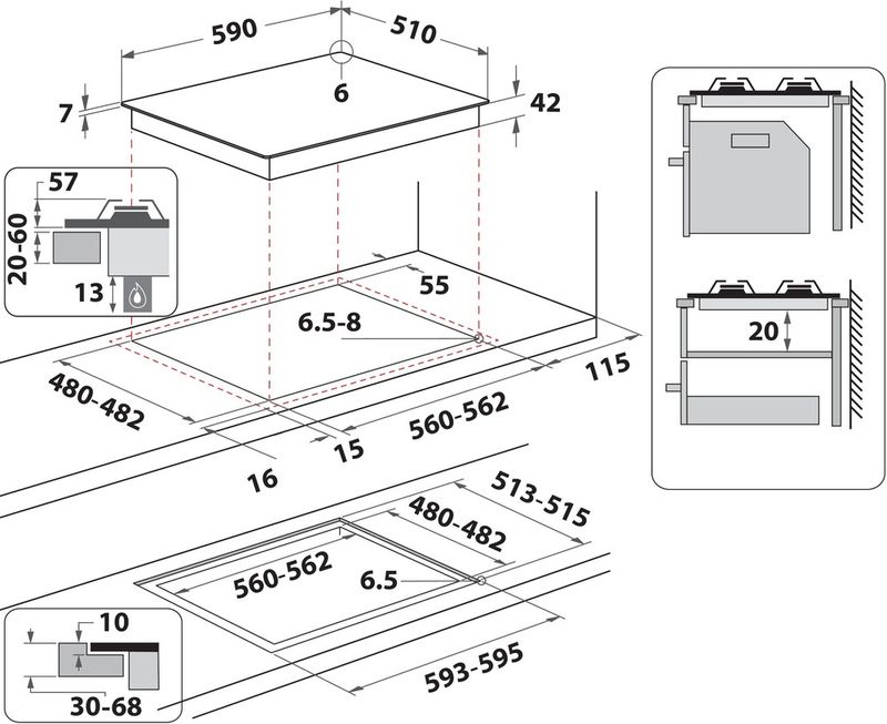 Whirlpool Table de cuisson GOB 616/NB Noir Gaz Technical drawing