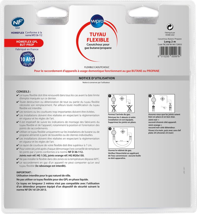 Tuyau de gaz caoutchouc butane/propane 2m