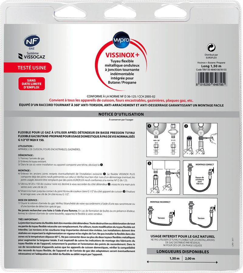 Flexibles de gaz Vissinox+ gaz Butane/Propane Validité illimitée 1.5 m  raccord tournant 360° TBV150 WPRO - Oskab