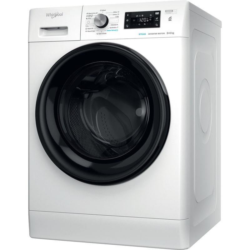 Whirlpool-Lavante-sechante-Pose-libre-FFWDB-864349-BV-EE-Blanc-Lave-linge-frontal-Perspective