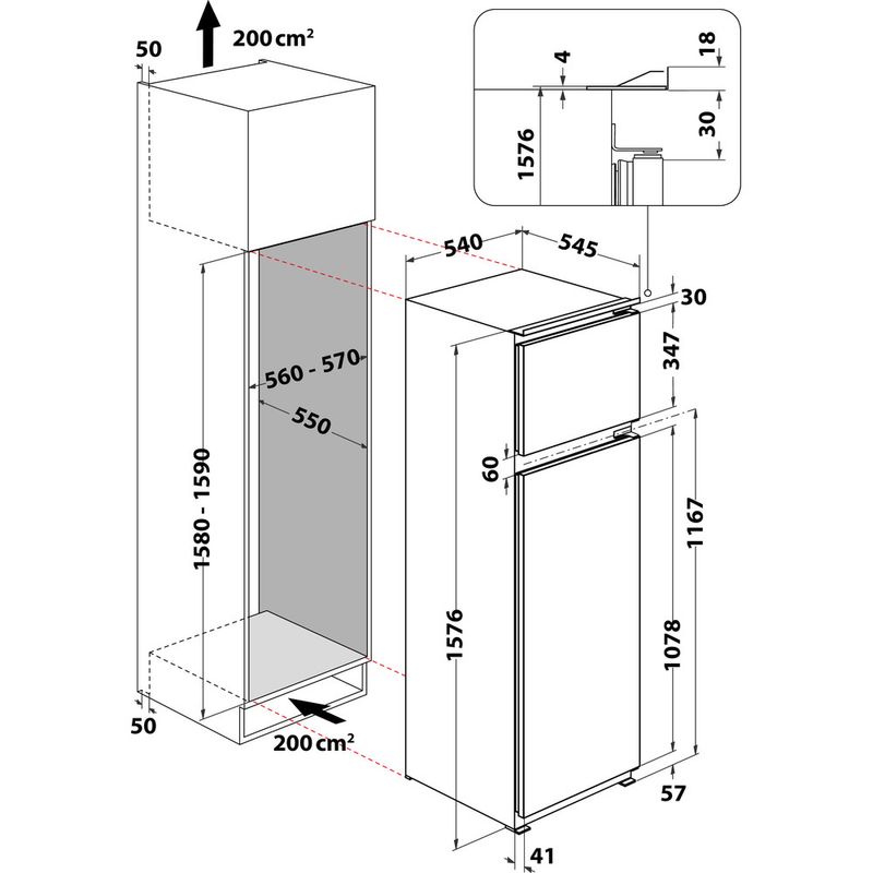 Whirlpool Combiné réfrigérateur congélateur Encastrable ART 3642 Blanc 2 portes Technical drawing