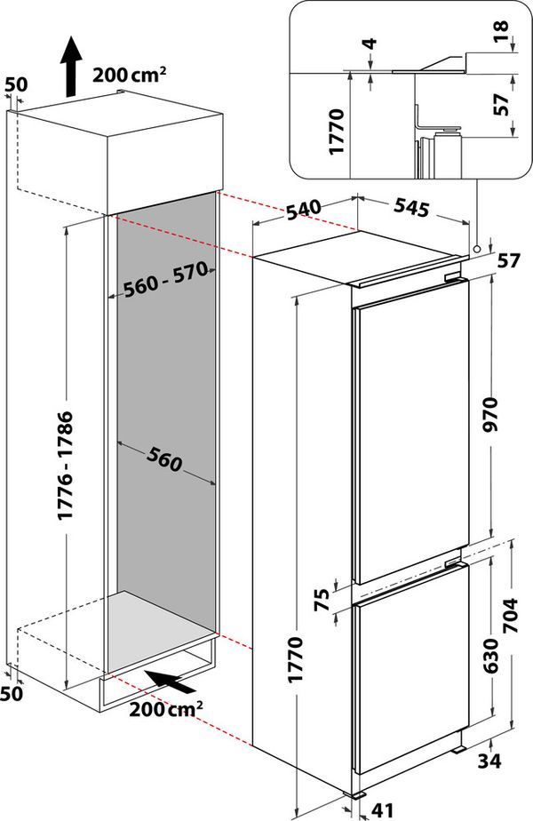 Whirlpool-Combine-refrigerateur-congelateur-Encastrable-WHC18-T132-FR-Blanc-2-portes-Technical-drawing