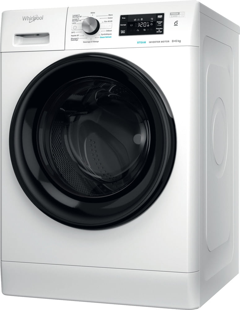 Whirlpool-Lavante-sechante-Pose-libre-FFWDB-864489-BV-FR-Blanc-Lave-linge-frontal-Perspective