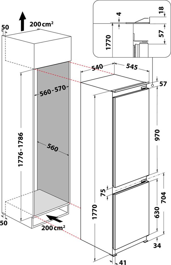 Whirlpool Combiné réfrigérateur congélateur Encastrable WHC18D071A1 FR Blanc 2 portes Technical drawing