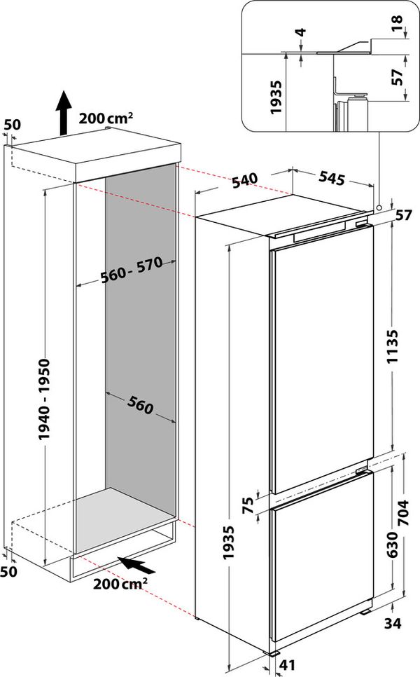 Whirlpool Combiné réfrigérateur congélateur Encastrable WHC20D011B1 FR Blanc 2 portes Technical drawing
