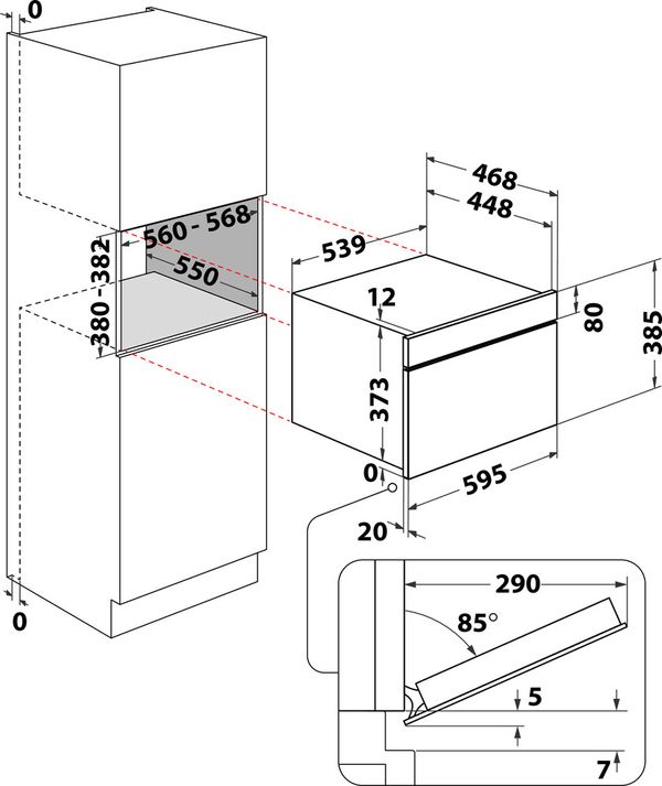 Whirlpool Four micro-ondes Encastrable WMD44MXF Acier inoxydable Electronique 31 Micro-ondes + gril 1000 Technical drawing