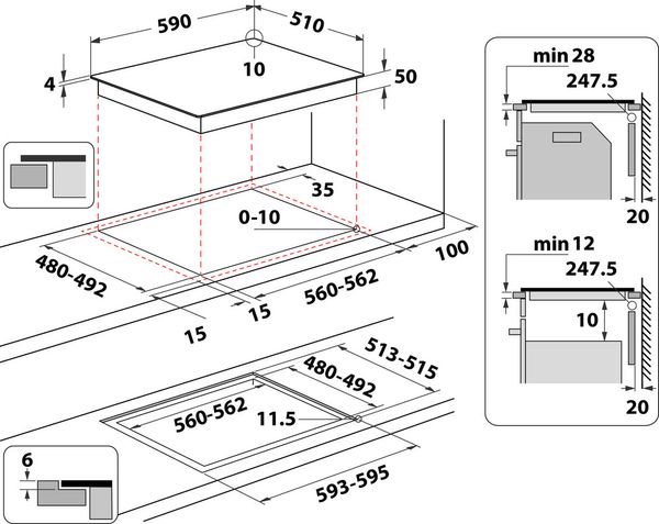 Whirlpool Table de cuisson WLX6001DNFF Noir Induction vitroceramic Technical drawing