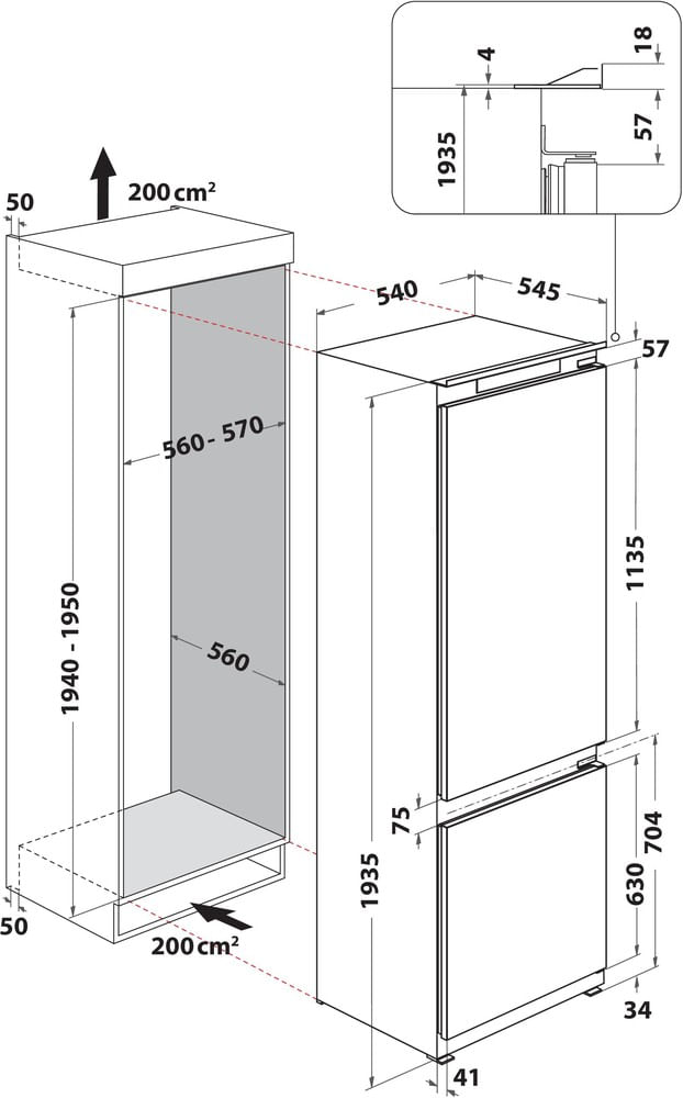 Whirlpool Combiné réfrigérateur congélateur Encastrable WHC20D021B2 Blanc 2 portes Technical drawing