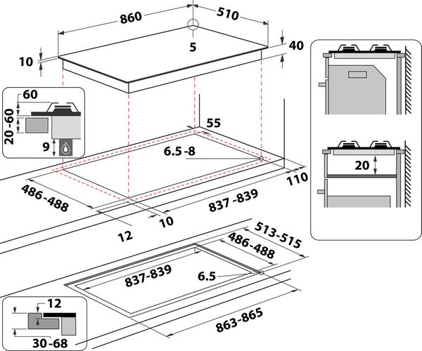 Whirlpool-Table-de-cuisson-GOWL-928-NB-Noir-Gaz-Technical-drawing