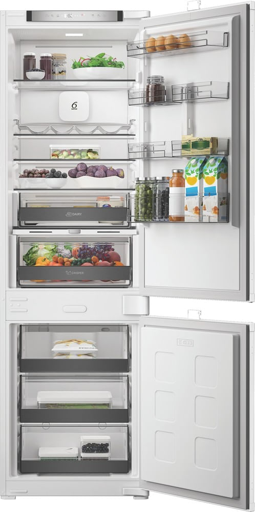Whirlpool-Combine-refrigerateur-congelateur-Encastrable-WHK2-5294-B6E-Zinc-Metal-2-portes-Lifestyle-frontal-open