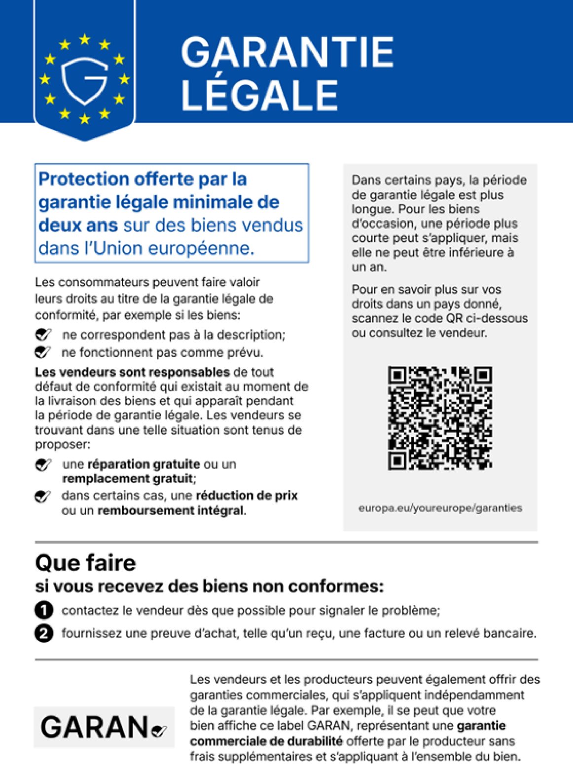 Notice européenne sur la garantie légale de conformité